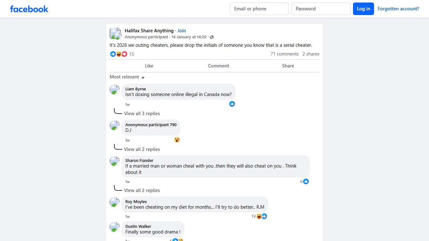 Halifax Share Anything It's 2026 we outing cheaters, please drop the initials of someone you know that is a serial cheater. Facebook